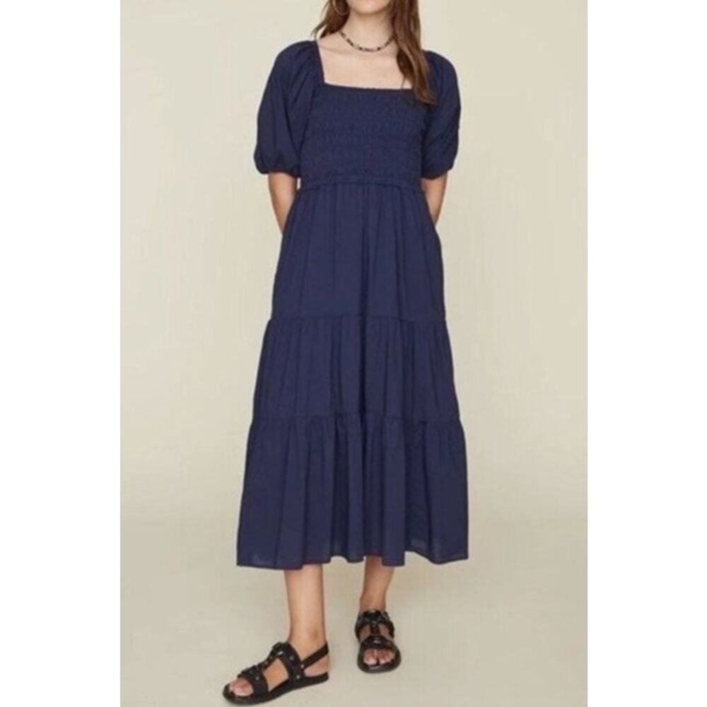 Xirena Chiara Square Neck Short Puff Sleeve Cotton Tiered Midi Dress Blue XS